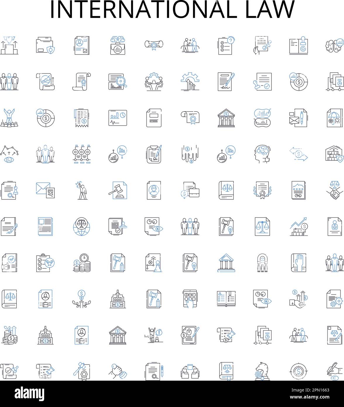 Internationales Recht umreißt Icons Sammlung. Völkerrecht, Recht, Verträge, Souveränität, Staatsangehörigkeit, Jurisdiktion, Vektoranordnung Stock Vektor
