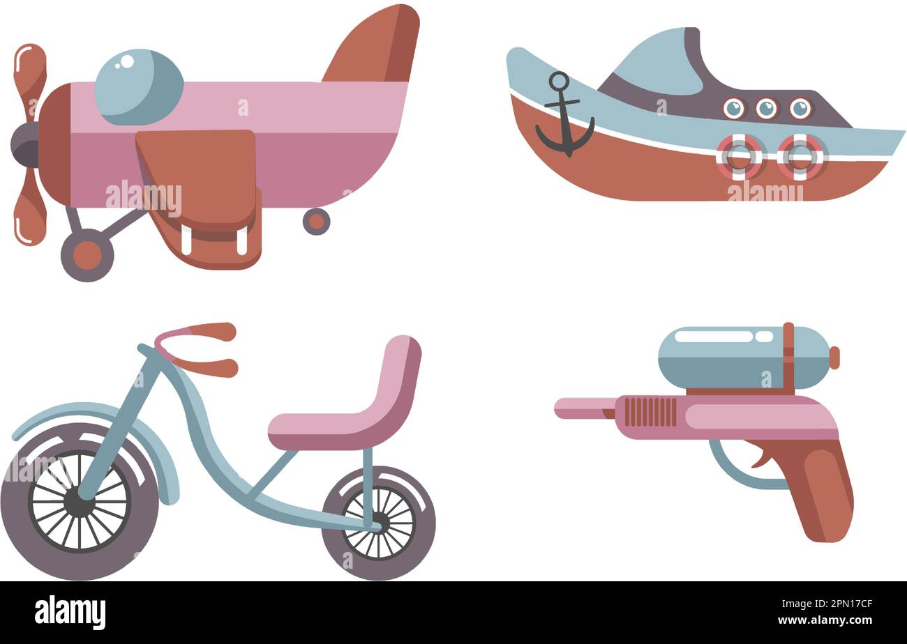 Kinderspielzeug und Spielsachen, Boot und Hubschrauber Stock Vektor