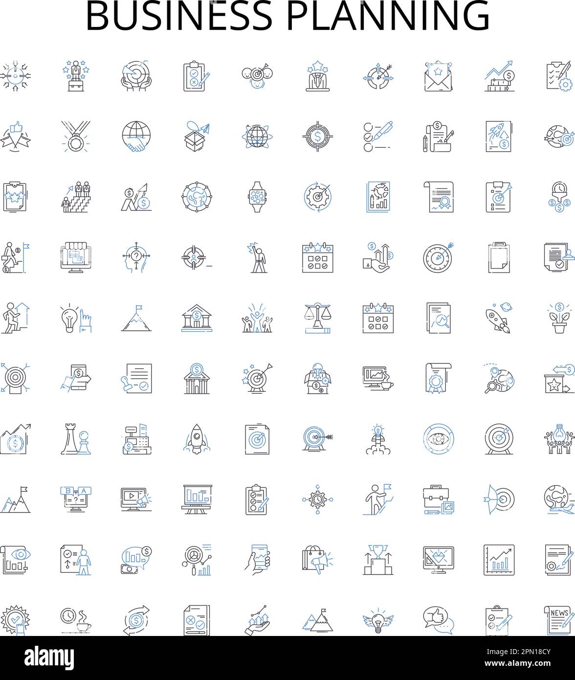 Symbolsammlung für die Gliederung der Geschäftsplanung. Planung, Geschäft, Strategien, Ziele, Finanzen, Entwicklung, Analysenvektor-Zeichnungssatz. Marketing Stock Vektor