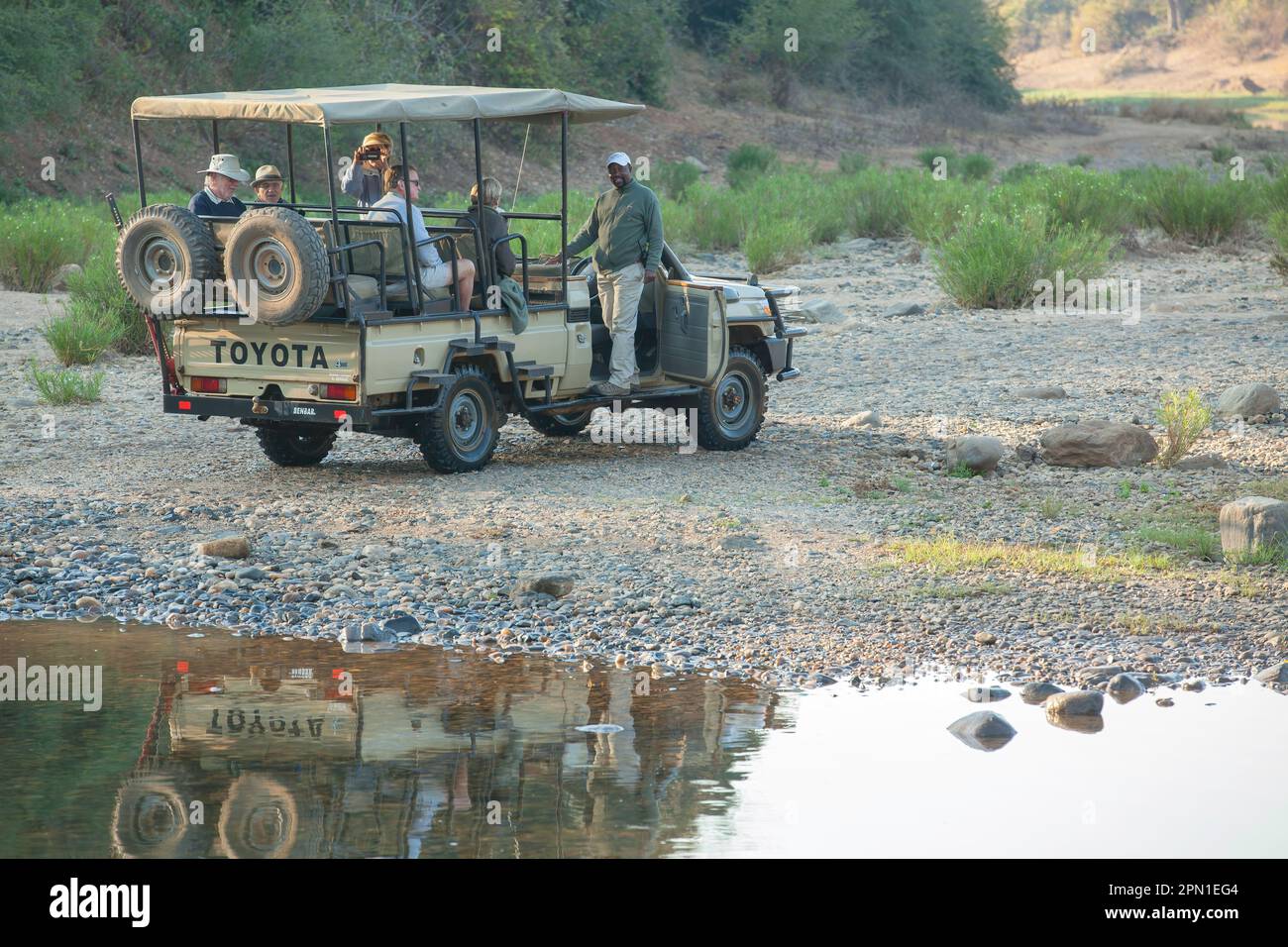 Wildbeobachtung von einem Royal Zambezi Lodge Game Vehicle. Stockfoto