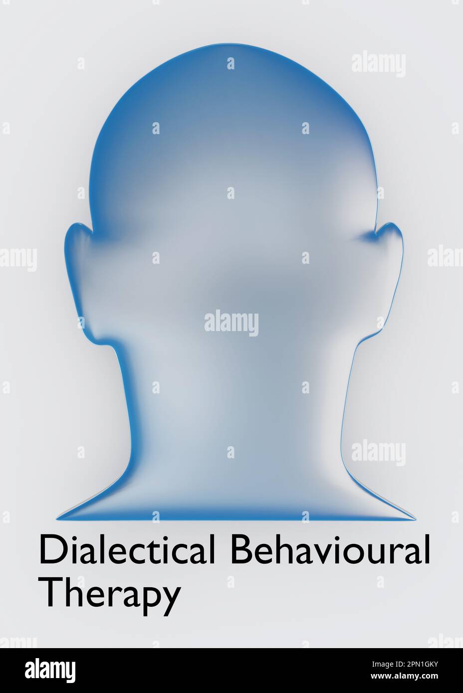 3D Abbildung einer grauen Kopfsilhouette mit dem Titel Dialektische Verhaltenstherapie, isoliert auf hellgrauem Hintergrund. Stockfoto