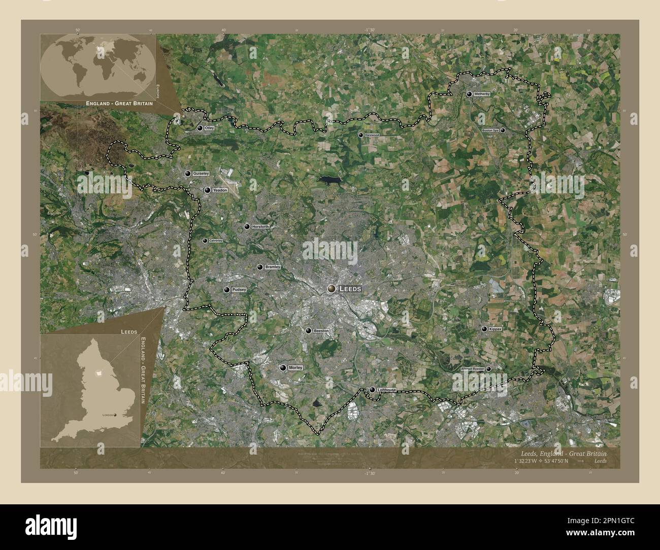 Leeds, Verwaltungsbezirk England - Großbritannien. Hochauflösende Satellitenkarte. Standorte und Namen der wichtigsten Städte der Region. Ecke Auxi Stockfoto