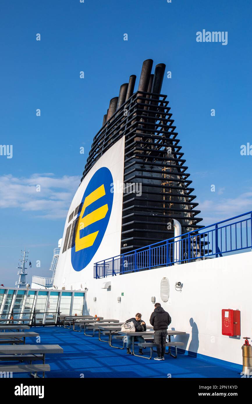 M/S Finlandia Kreuzfahrt Fährtrichter mit Eckerö Line Logo der Schifffahrtsgesellschaft auf der Seite Stockfoto