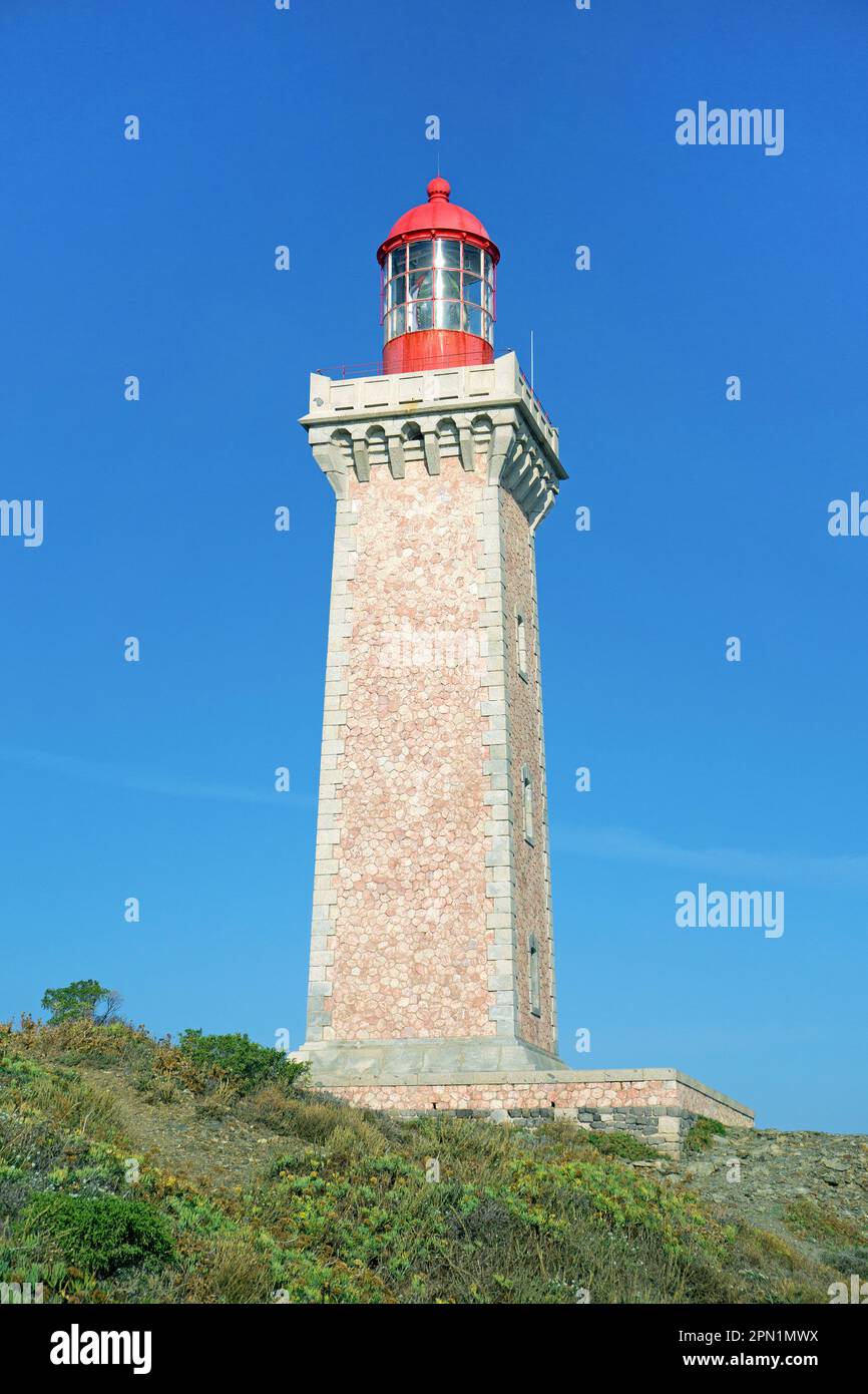 Leuchtturm in Cap Béar, Port Vendres, Pyrénées-Orientales, Languedoc-Roussillon, Südfrankreich, Frankreich, Europa Stockfoto