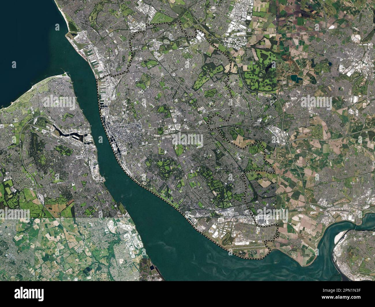 Liverpool, Verwaltungsbezirk England - Großbritannien. Hochauflösende Satellitenkarte Stockfoto