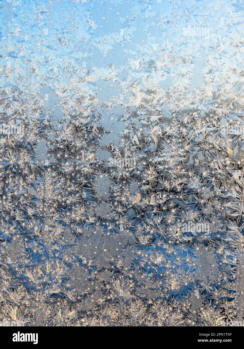 Gefrorenes Heimfenster, beleuchtet von der Sonne am kalten, sonnigen Wintertag Stockfoto