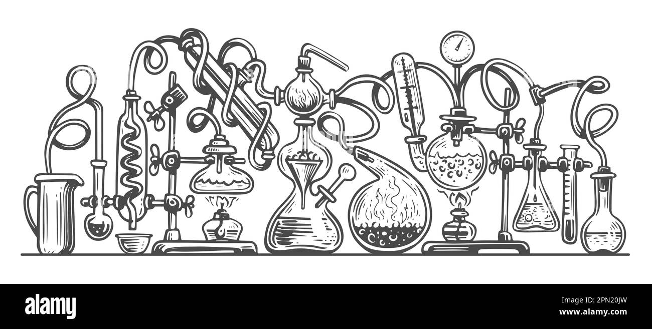 Chemischer Laborversuch. Laborkolben mit Reagenzgläsern verbunden. Schule, Wissenschaftskonzept. Doodle Illustration Stockfoto