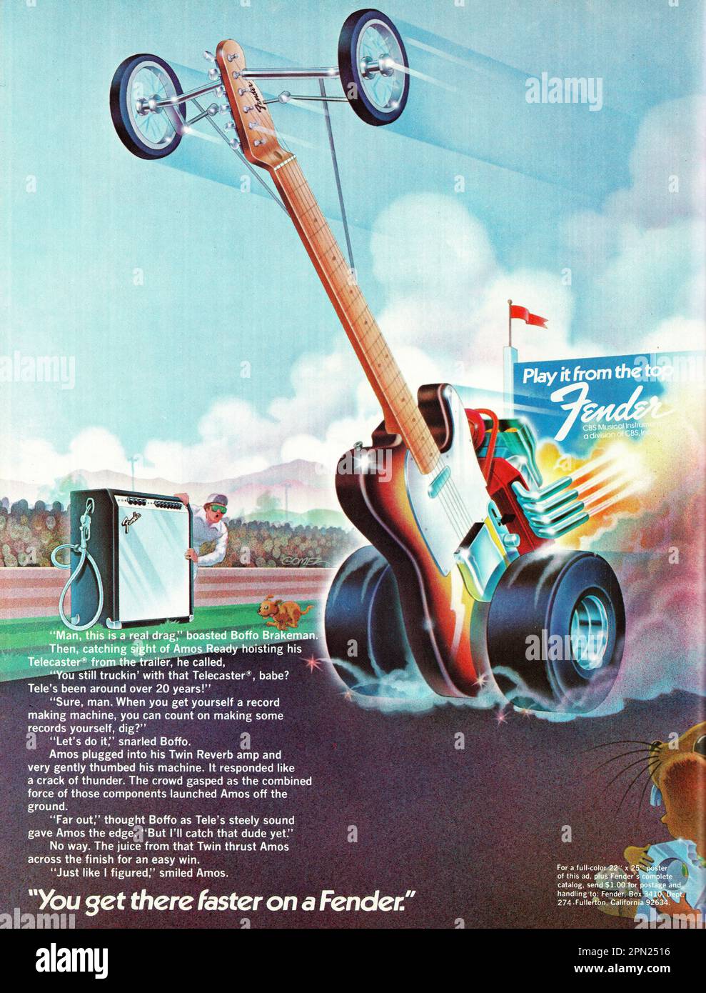 Ein Werbespot für Fender Telecaste Gitarren R & Twin Reverb Amps aus einem Musikmagazin aus der Mitte des Jahres 1970er, in dem steht, dass Sie mit einem Fender schneller dort ankommen. Stockfoto