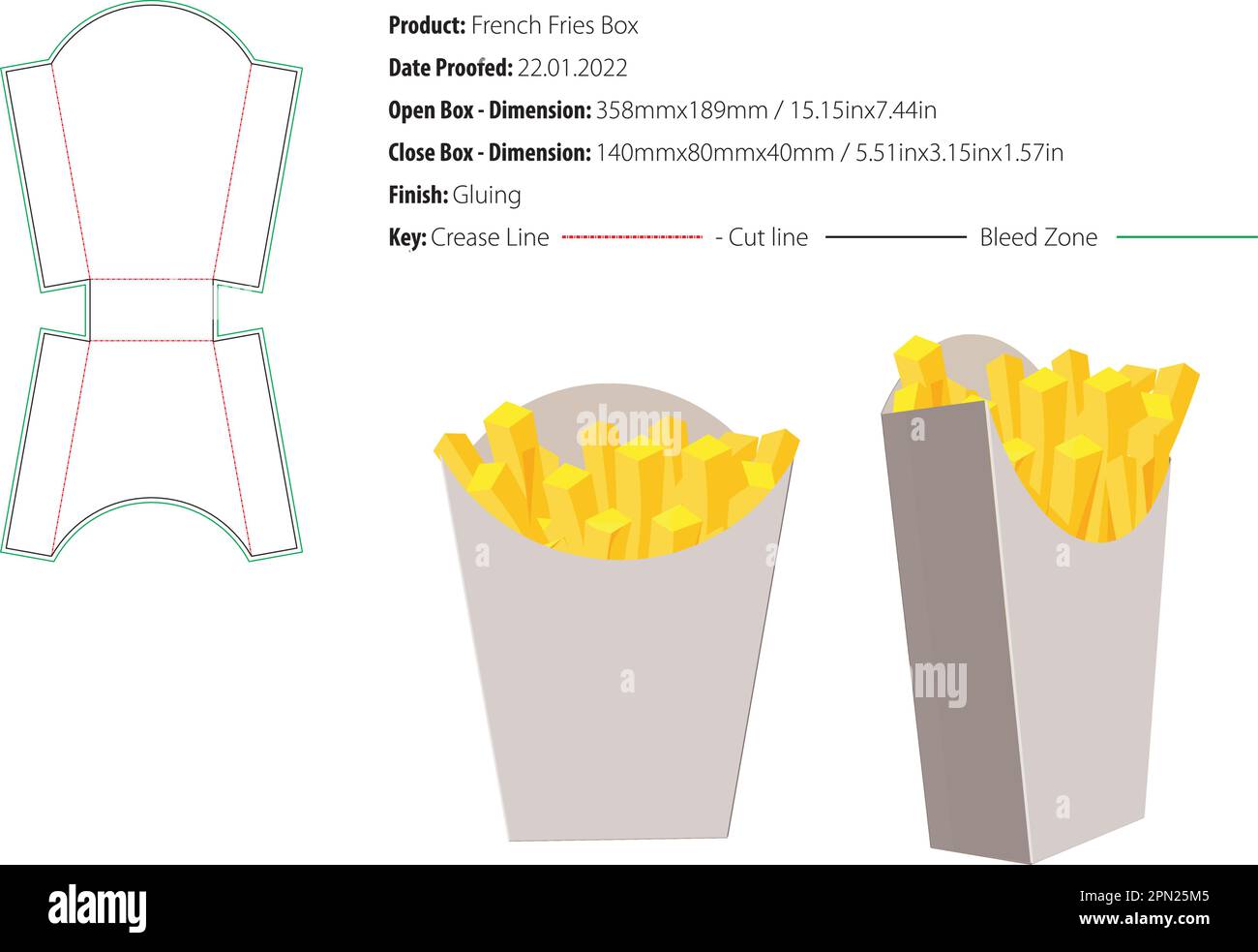 Verpackungsvorlage für Pommes Frites, verkleben des Vektors mit Stanzung Stock Vektor