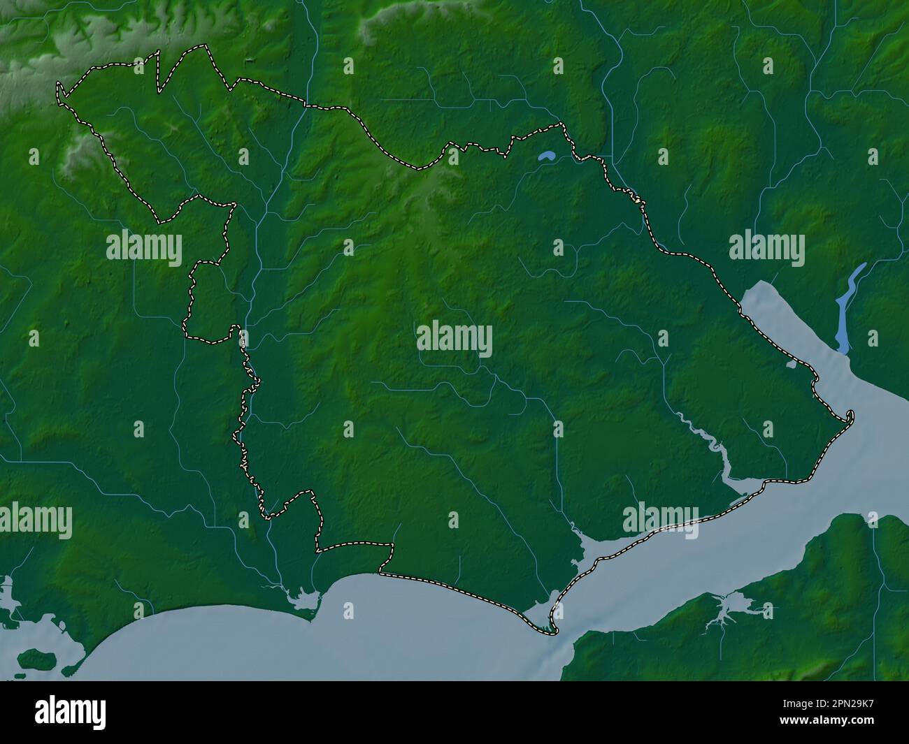 New Forest, nicht städtischer Bezirk von England - Großbritannien. Farbige Höhenkarte mit Seen und Flüssen Stockfoto