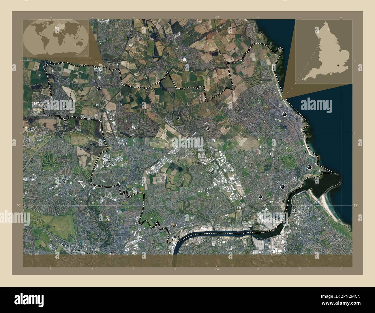 Nord-Tyneside, Verwaltungsbezirk England - Großbritannien. Hochauflösende Satellitenkarte. Standorte der wichtigsten Städte der Region. Ecken-auxil Stockfoto