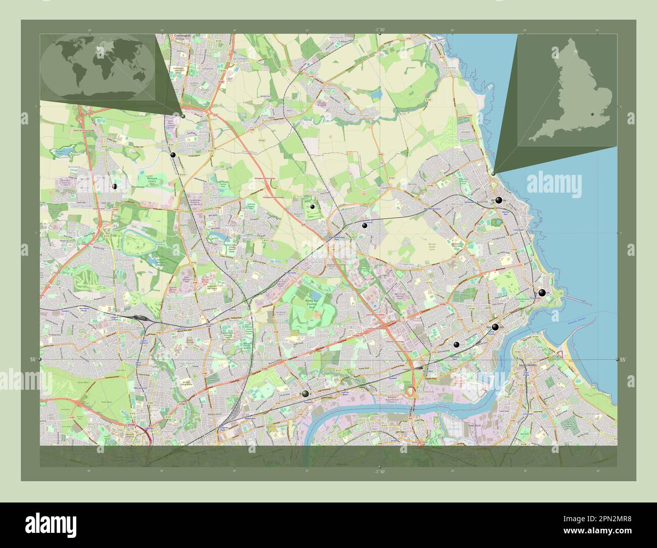 Nord-Tyneside, Verwaltungsbezirk England - Großbritannien. Straßenkarte Öffnen. Standorte der wichtigsten Städte der Region. Lage der Zusatzgeräte an der Ecke Stockfoto