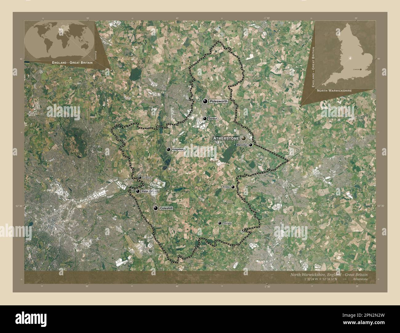 North Warwickshire, nicht-Metropolitan District of England - Großbritannien. Hochauflösende Satellitenkarte. Standorte und Namen der wichtigsten Städte der RE Stockfoto