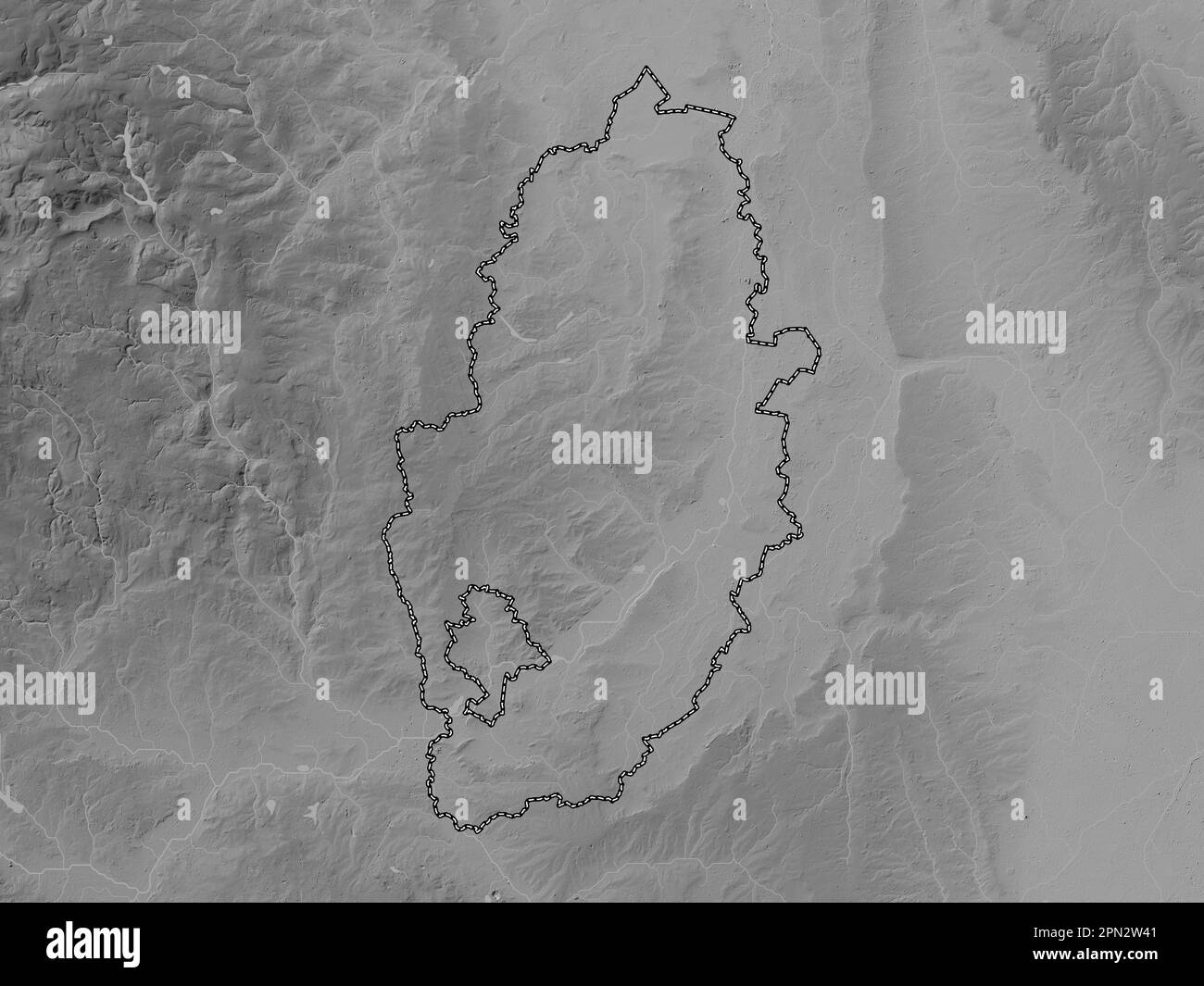 Nottinghamshire, Verwaltungsbezirk England - Großbritannien. Grauskala-Höhenkarte mit Seen und Flüssen Stockfoto