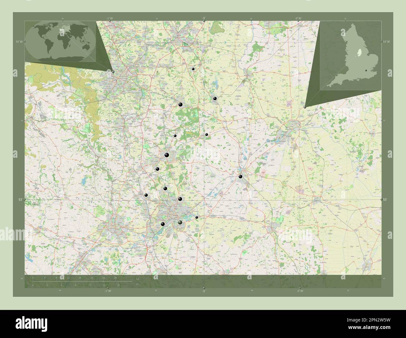 Nottinghamshire, Verwaltungsbezirk England - Großbritannien. Straßenkarte Öffnen. Standorte der wichtigsten Städte der Region. Lage der Zusatzgeräte an der Ecke Stockfoto