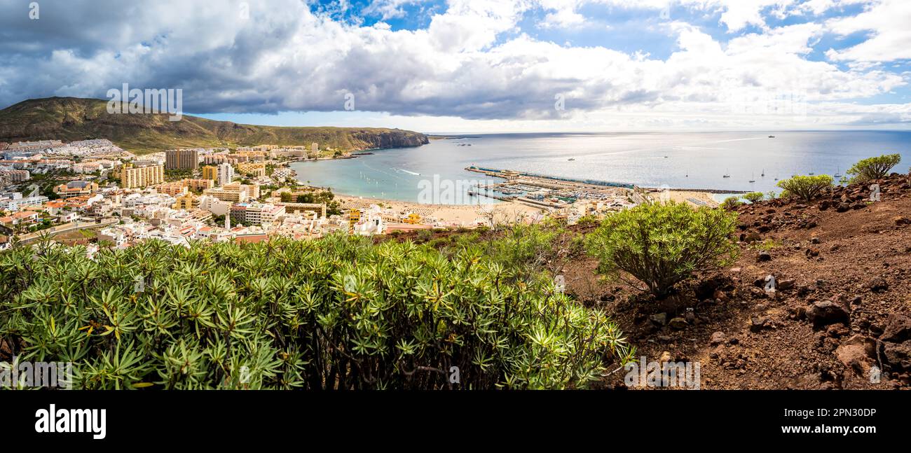 Blick vom Chayofita Berg mit Tabaiba Sträuchern zeigt das Touristenziel Los Cristianos Bay, einschließlich Playa de los Cristianos Strand. Stockfoto