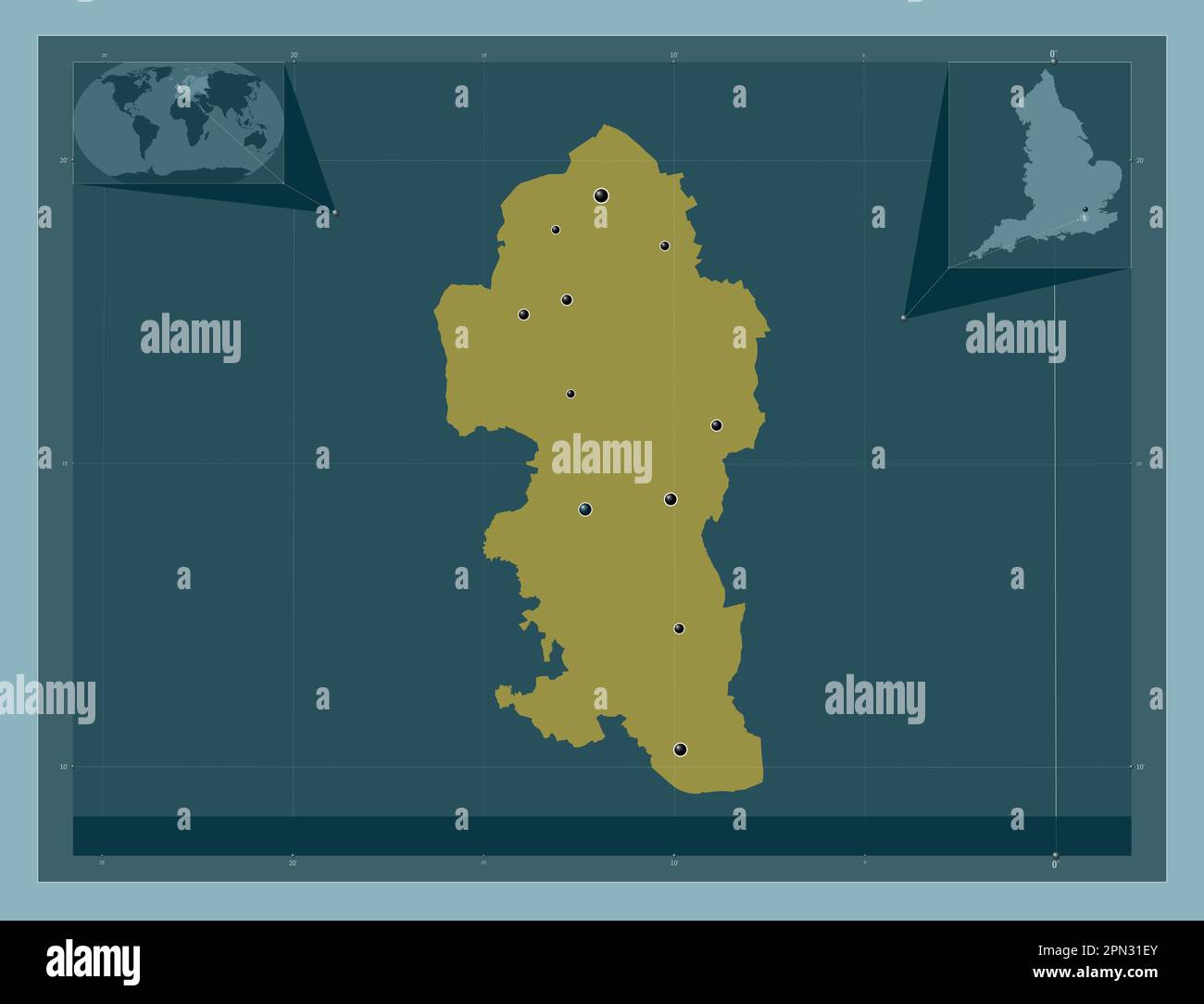 Reigate und Banstead, nicht städtischer Bezirk von England - Großbritannien. Durchgehende Farbform. Standorte der wichtigsten Städte der Region. Ecken-Hilfsaggregat Stockfoto