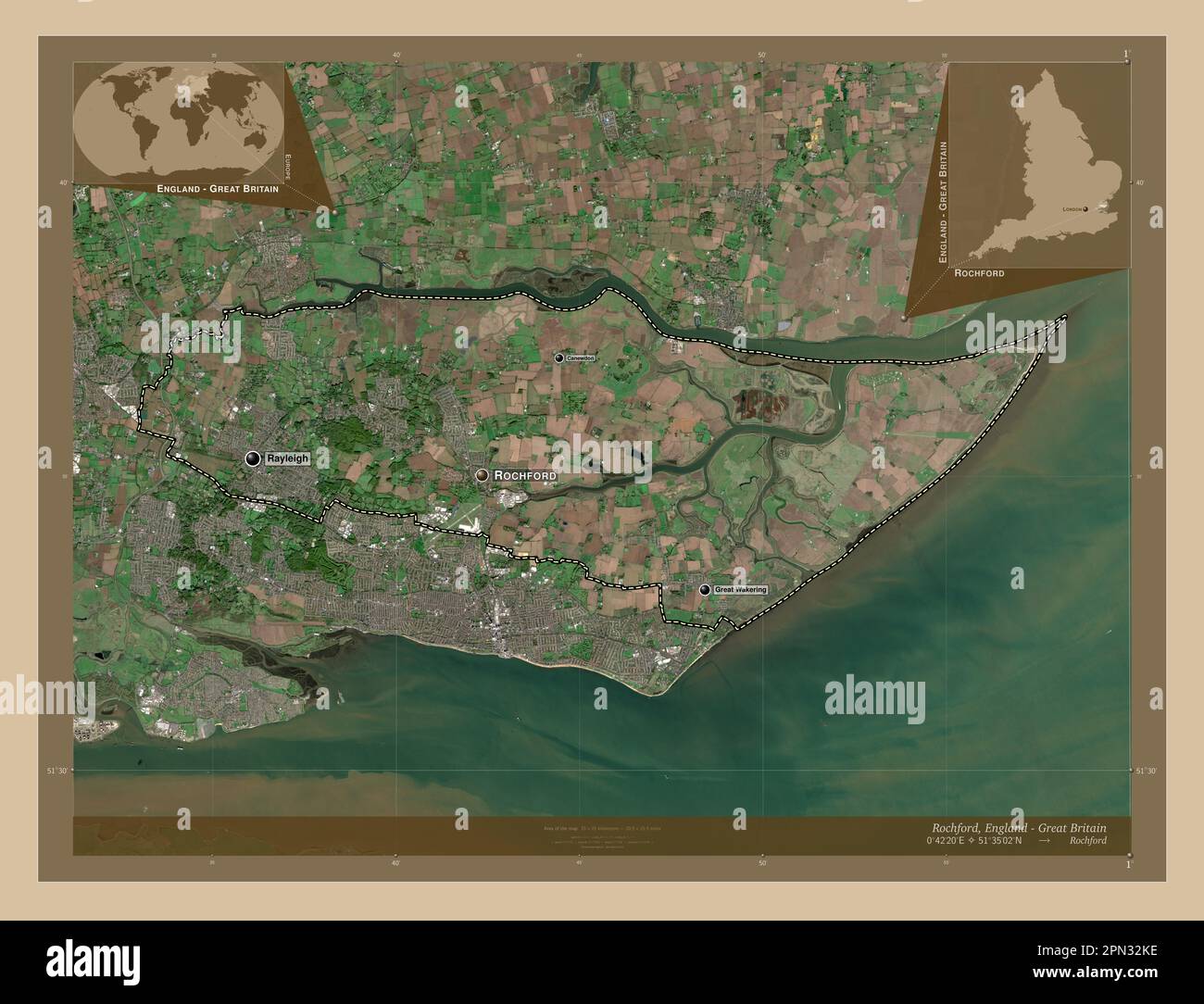 Rochford, nicht städtischer Bezirk von England - Großbritannien. Satellitenkarte mit niedriger Auflösung. Standorte und Namen der wichtigsten Städte der Region. Corne Stockfoto