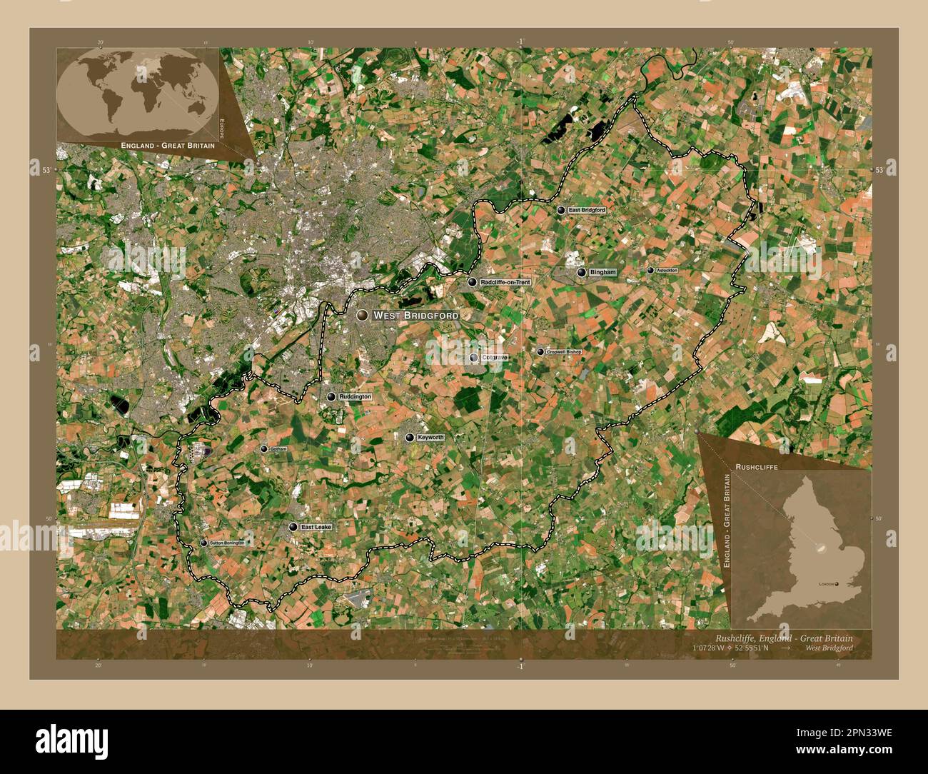 Rushcliffe, nicht städtischer Bezirk von England - Großbritannien. Satellitenkarte mit niedriger Auflösung. Standorte und Namen der wichtigsten Städte der Region. Korr Stockfoto