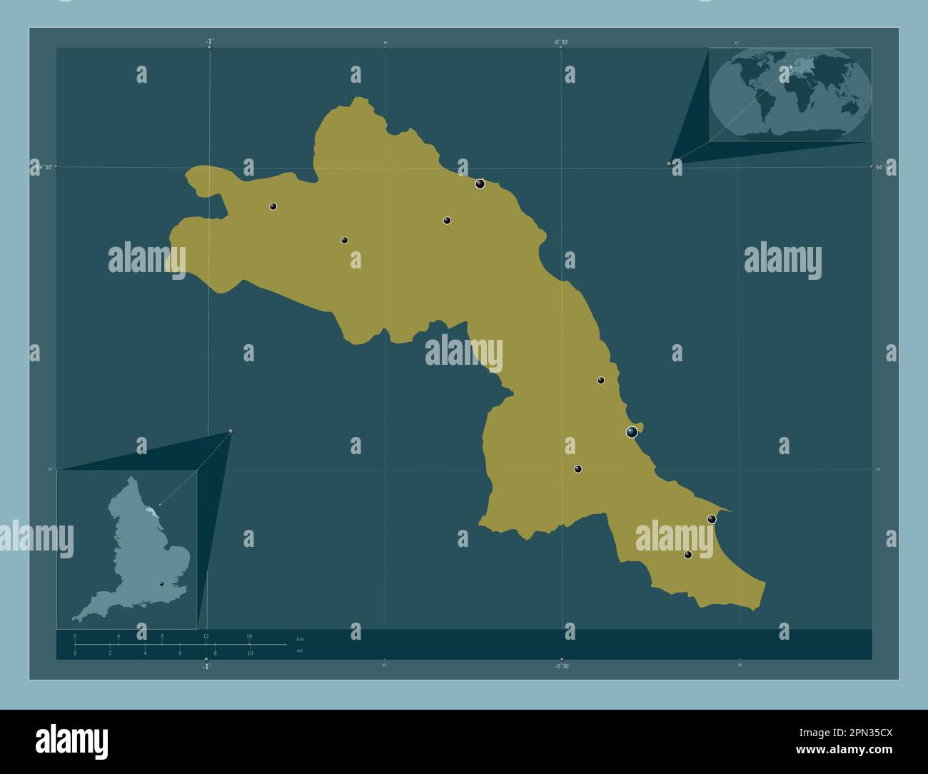 Scarborough, nicht städtischer Bezirk von England - Großbritannien. Durchgehende Farbform. Standorte der wichtigsten Städte der Region. Zusätzliche Eckpunkte Stockfoto