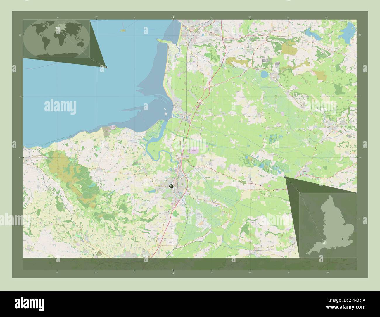 Sedgemoor, nicht städtischer Bezirk von England - Großbritannien. Straßenkarte Öffnen. Eckkarten für zusätzliche Standorte Stockfoto