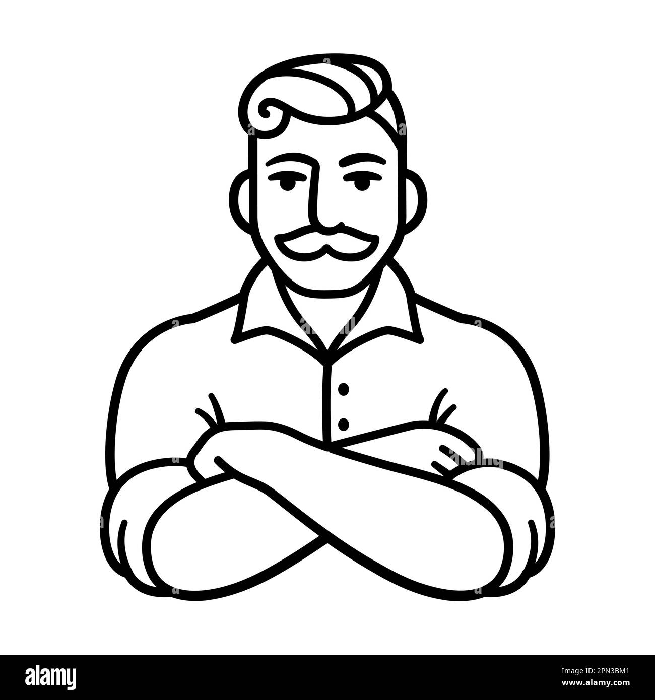 Schwarz-weiße Linienzeichnung eines Mannes mit Schnurrbart, gekreuzten Armen und gerollten Ärmeln. Stylisches Hüftslip-Logo. Stock Vektor