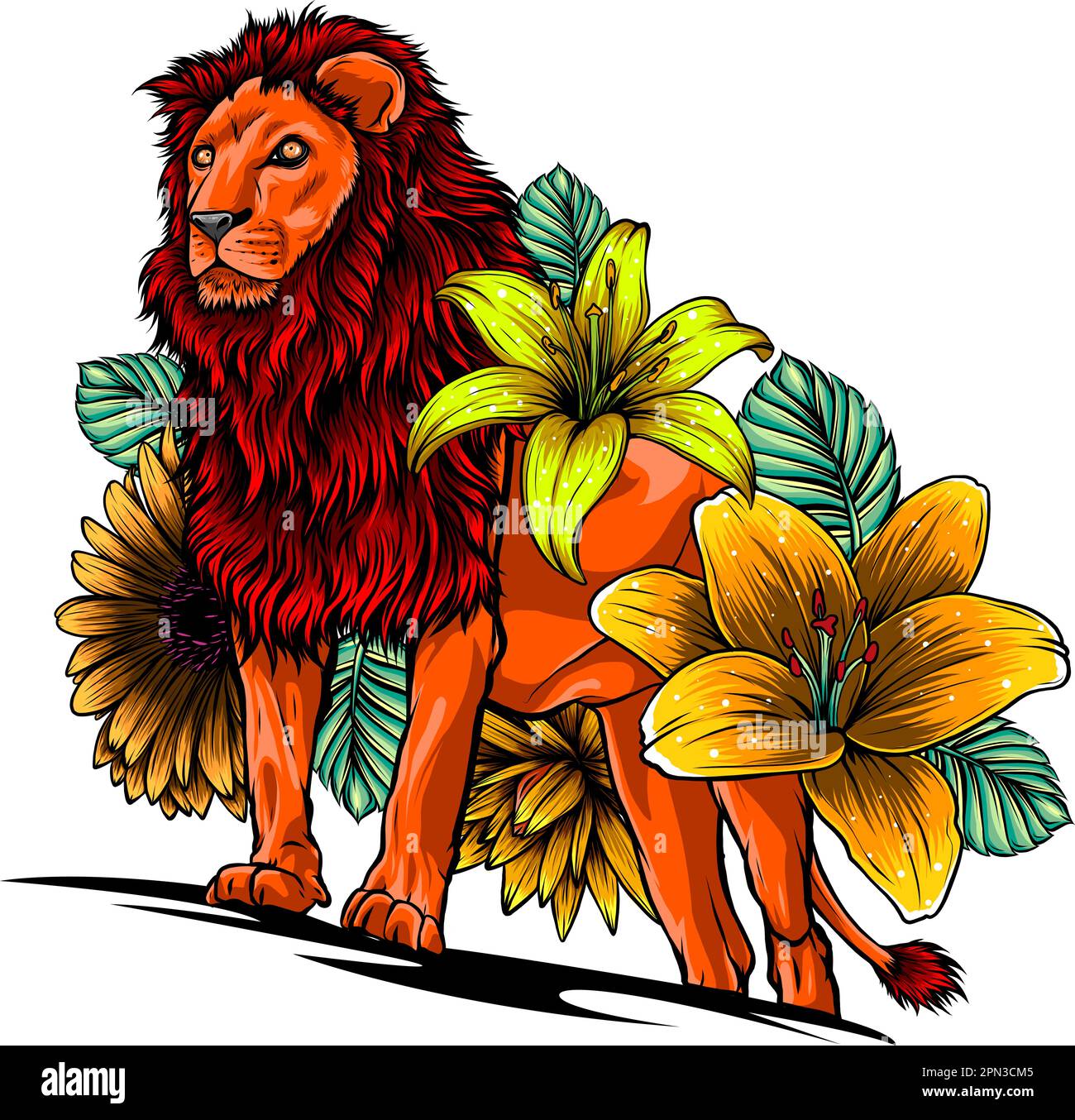 löwe mit Blumen, Vektorgrafiken, Farbdarstellung auf weißem Hintergrund Stock Vektor
