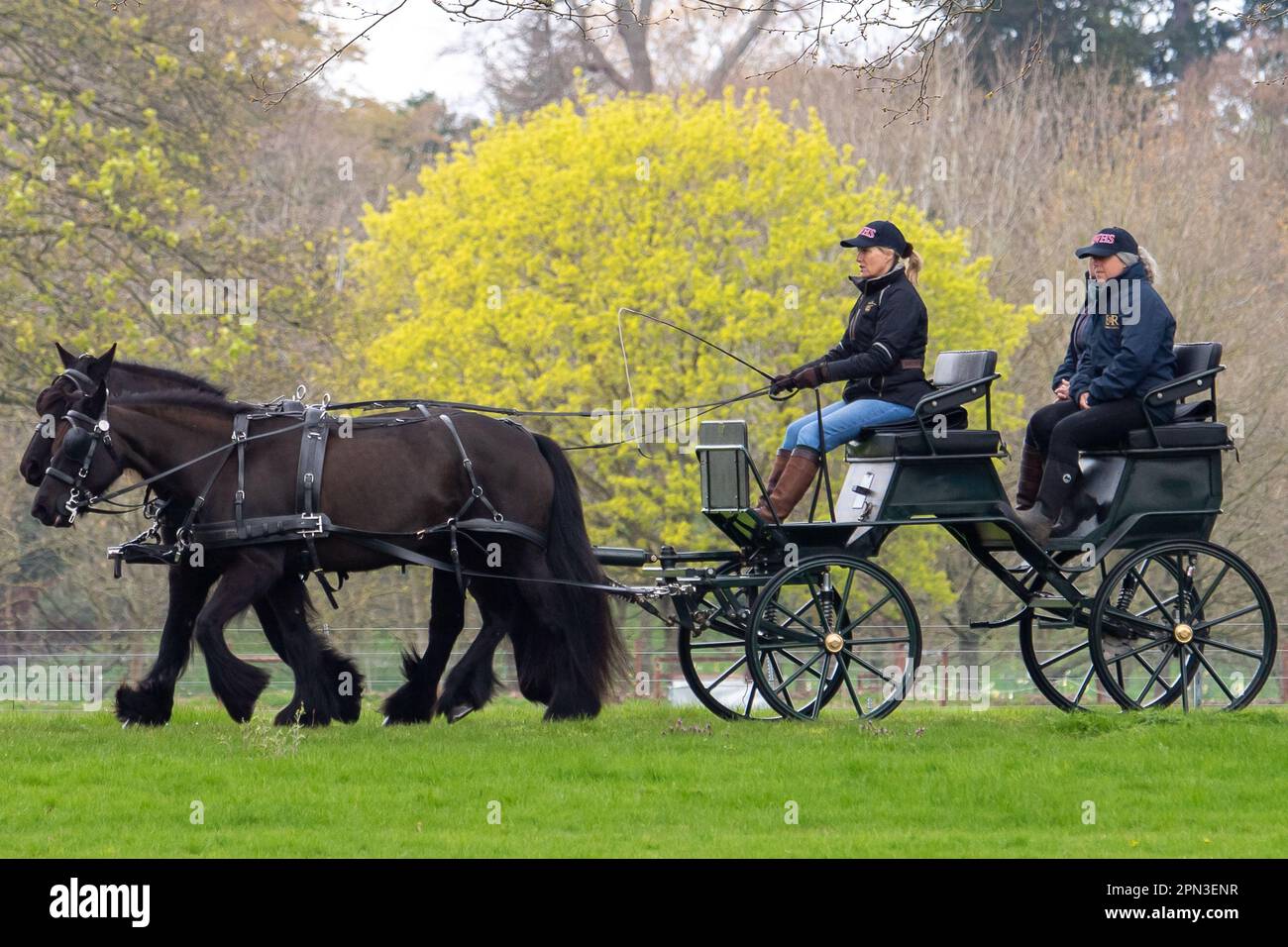 Windsor, Berkshire, Großbritannien. 15. April 2023. Vor der Royal Windsor Horse Show nächsten Monat sah Sophie, Herzogin von Edinburgh, glücklich aus, als sie heute mit der Kutsche im Windsor Great Park fuhr. Sowohl die Herzogin von Edinburgh als auch ihre Tochter Lady Louise genießen Kutschfahrten, die auch ein beliebter Zeitvertreib des verstorbenen Prinzen Philip, des Herzogs von Edinburgh, waren. Kredit: Maureen McLean/Alamy Live News Stockfoto