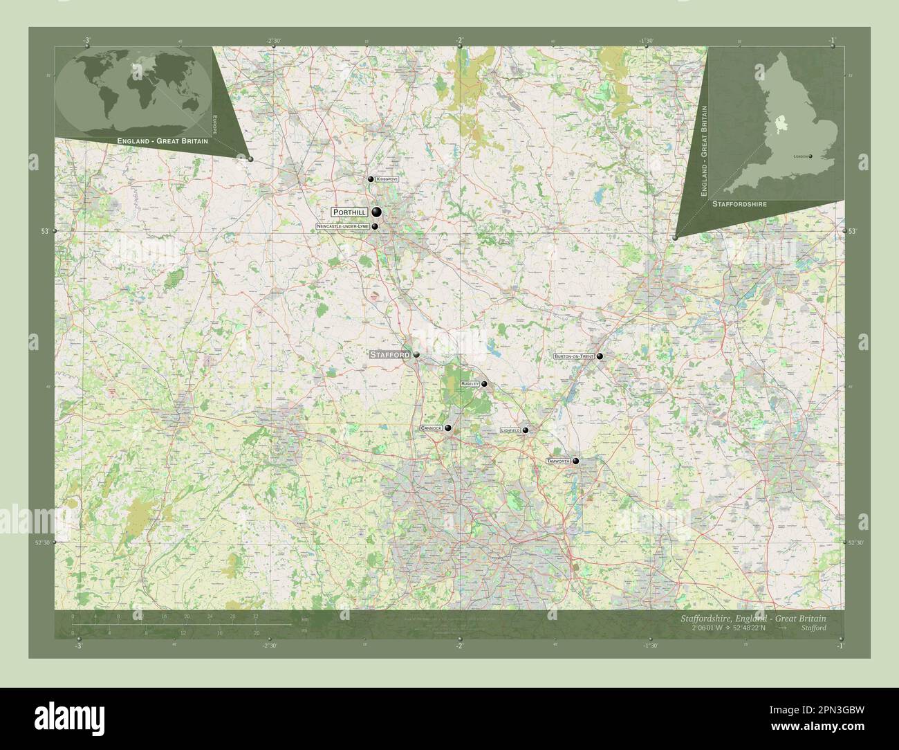 Staffordshire, Verwaltungsbezirk England - Großbritannien. Straßenkarte Öffnen. Standorte und Namen der wichtigsten Städte der Region. Ecken-Zusatzgerät Stockfoto