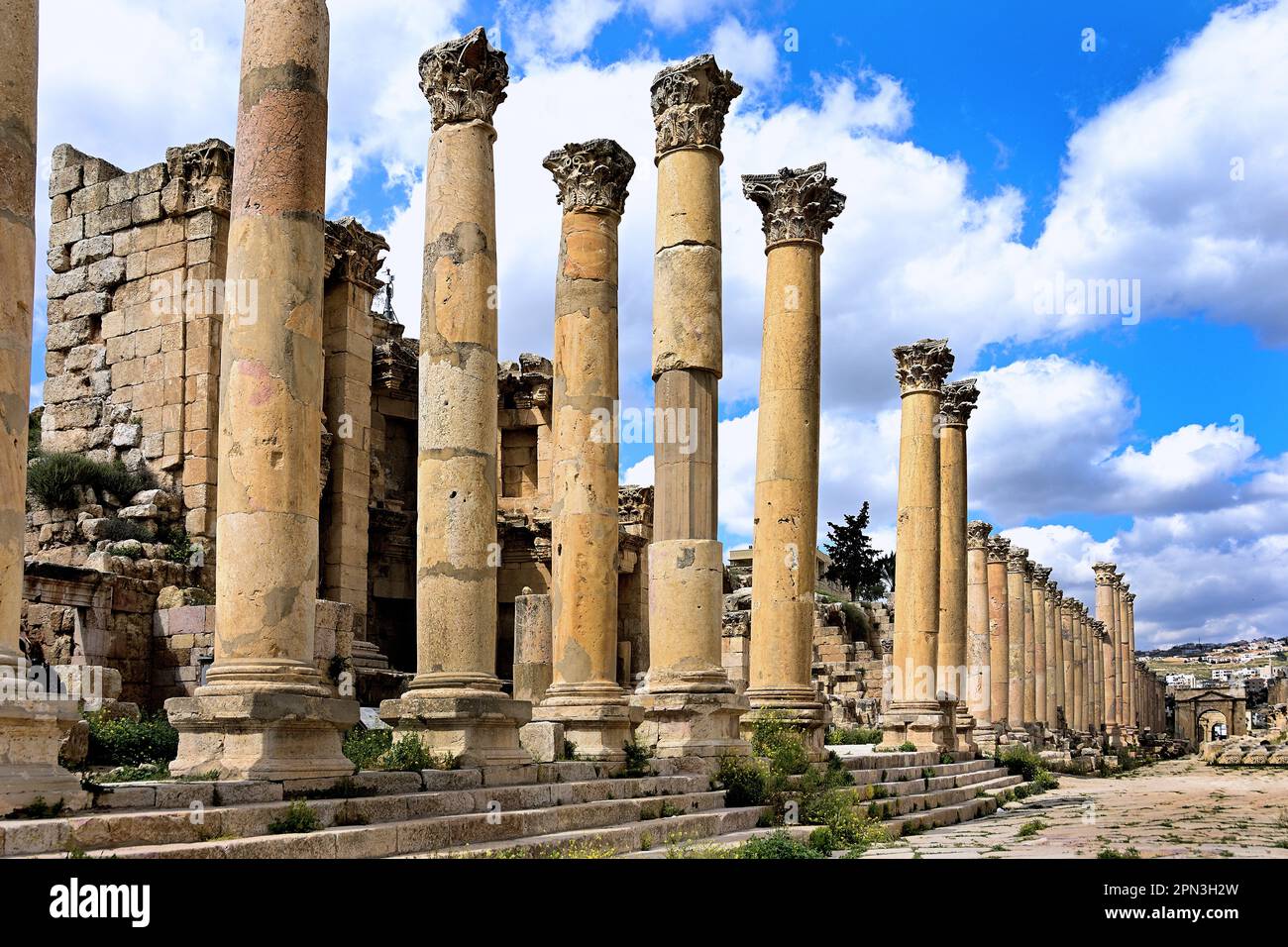 Cardo Maximus Columnade römische Ruinen, Jerash, Jordanien, antike Stadt, verfügt über eine ununterbrochene Kette menschlicher Besetzung, die 6.500 Jahre zurückreicht, Stockfoto