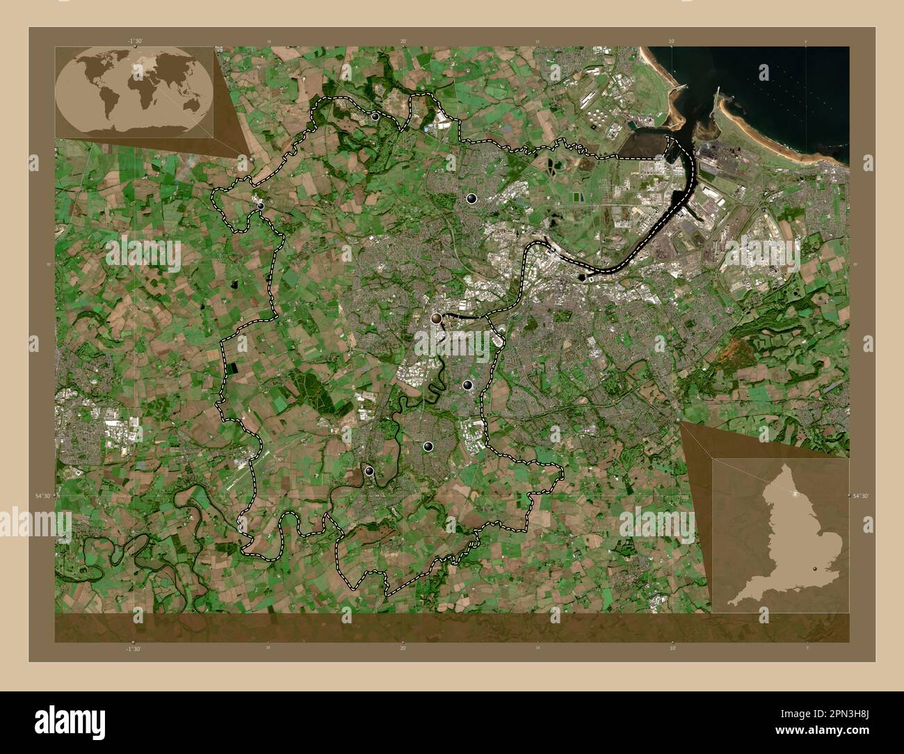 Stockton-on-Tees, eine Einheit von England - Großbritannien. Satellitenkarte mit niedriger Auflösung. Standorte der wichtigsten Städte der Region. Ecke zusatzgeräte Stockfoto