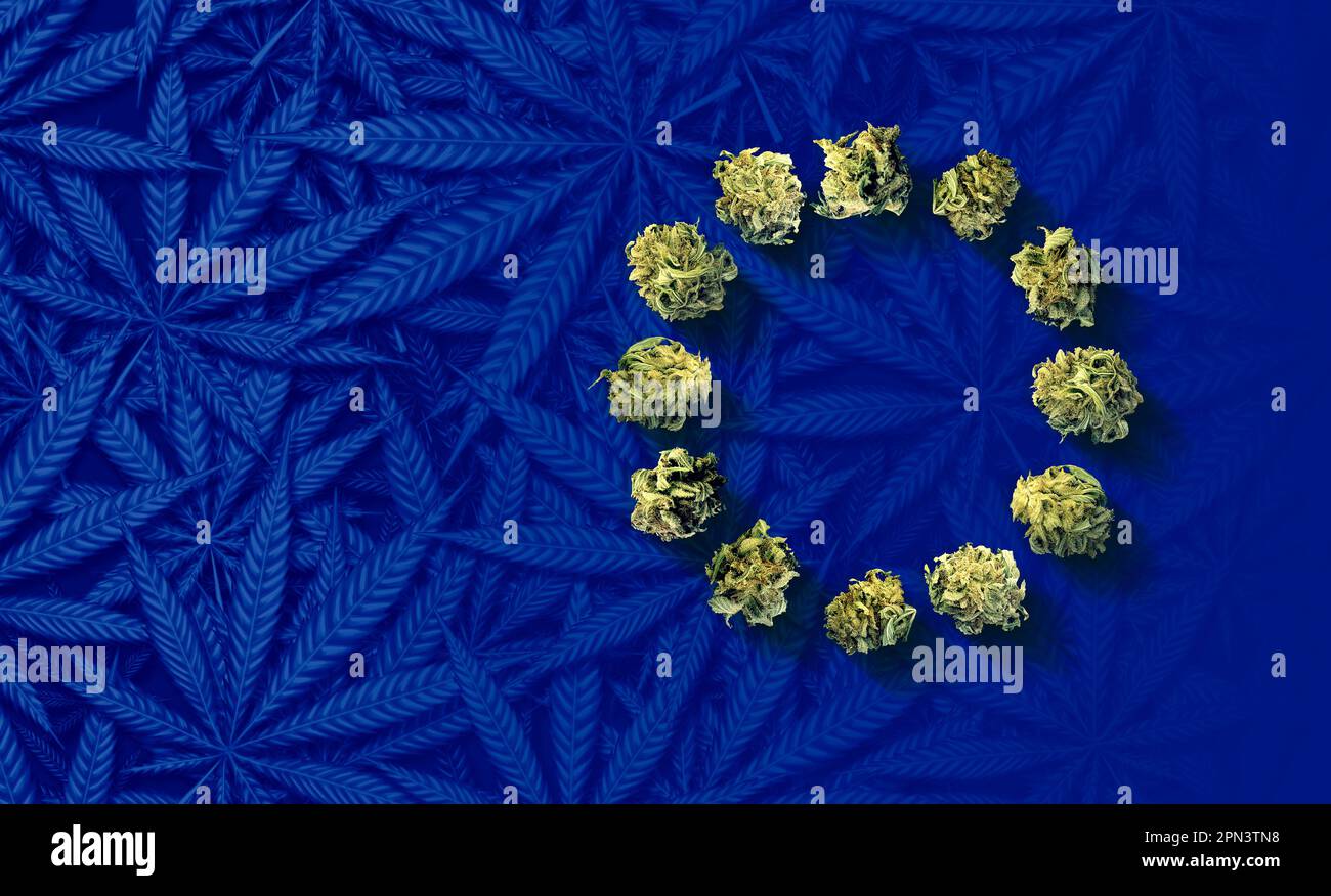 Legalisierung der Marijuana in der Europäischen Union und EU-Cannabis als Legalisierung von medizinischem Gras Symbol für Arzneitopf als Symbol der europäischen Drogenpolitik Stockfoto