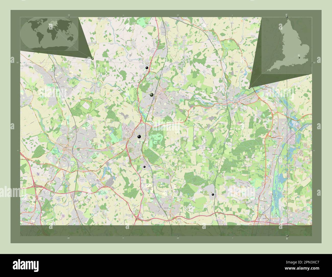 Welwyn Hatfield, nicht städtischer Bezirk von England - Großbritannien. Straßenkarte Öffnen. Standorte der wichtigsten Städte der Region. Ecke Zusatzanschluss Stockfoto