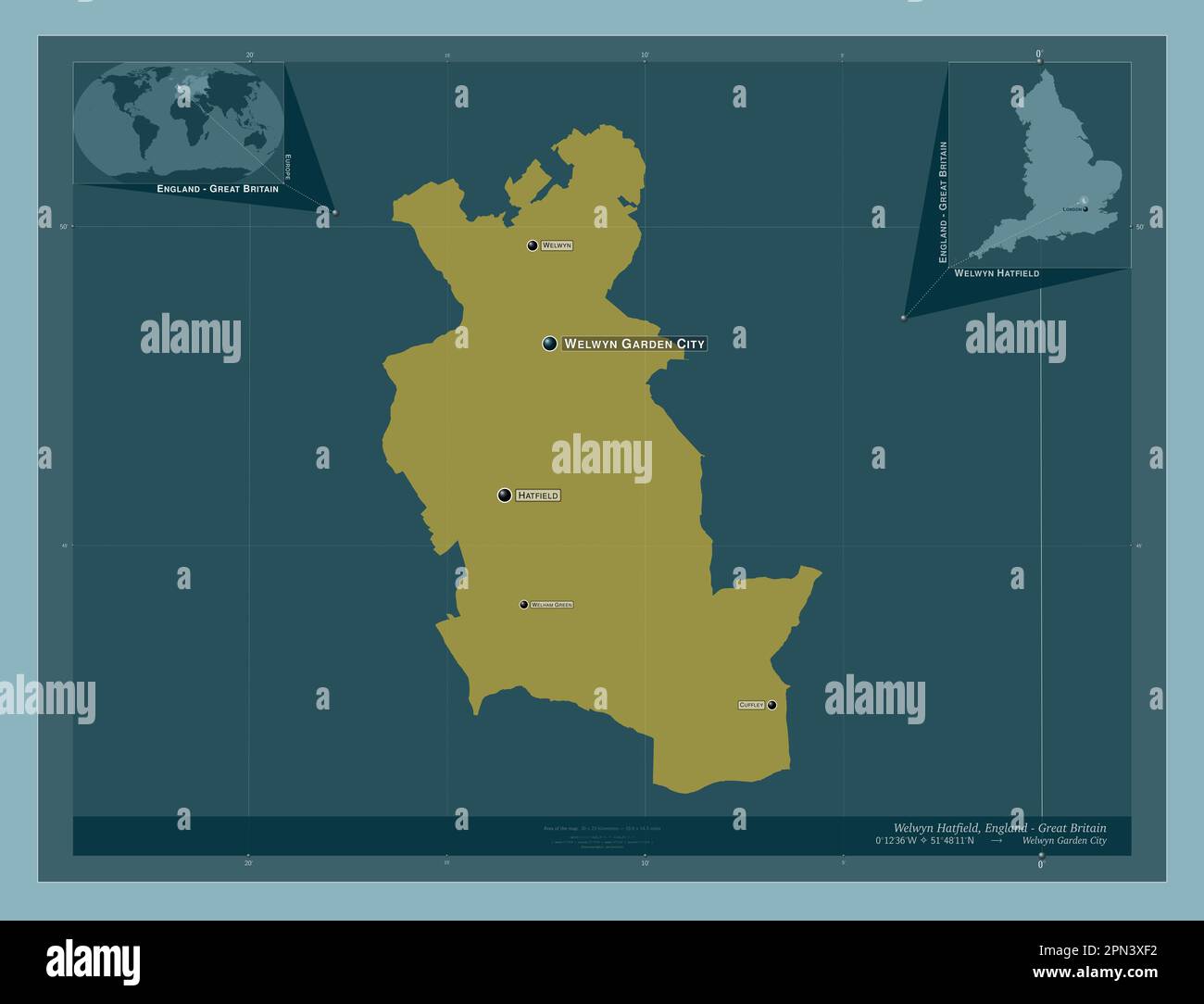 Welwyn Hatfield, nicht städtischer Bezirk von England - Großbritannien. Durchgehende Farbform. Standorte und Namen der wichtigsten Städte der Region. Ecke au Stockfoto