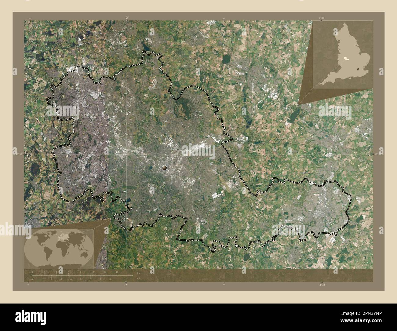 West Midlands Combined Authority, Region England - Großbritannien. Hochauflösende Satellitenkarte. Eckkarten für zusätzliche Standorte Stockfoto