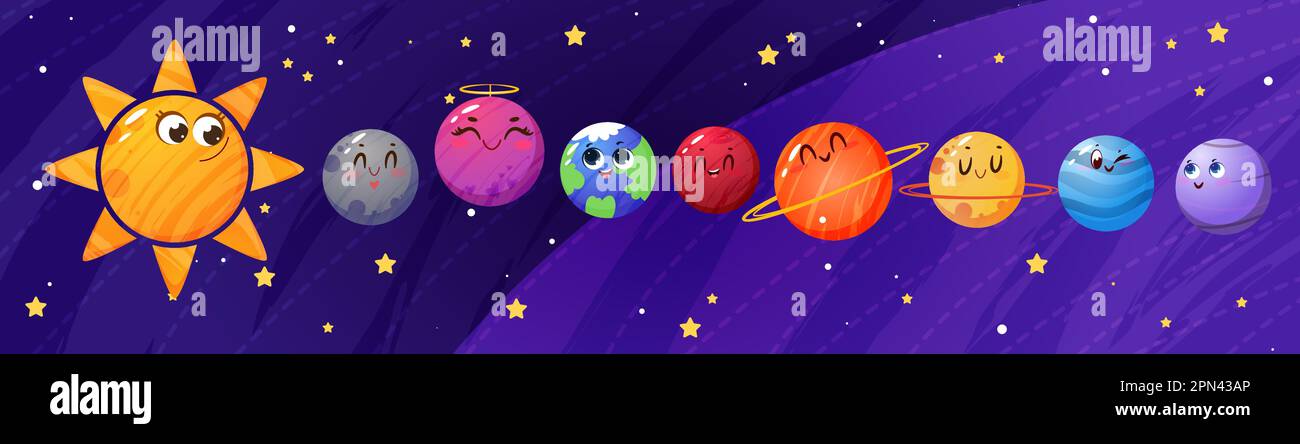 Süße kindische Planeten des Sonnensystems bei Nacht Himmel Flachvektordarstellung. Lustige Galaxieobjekte, Sterne und kosmische Kugeln lächeln im Weltall. Sonne, Erde und astronomische Figuren mit Emotionen. Stock Vektor