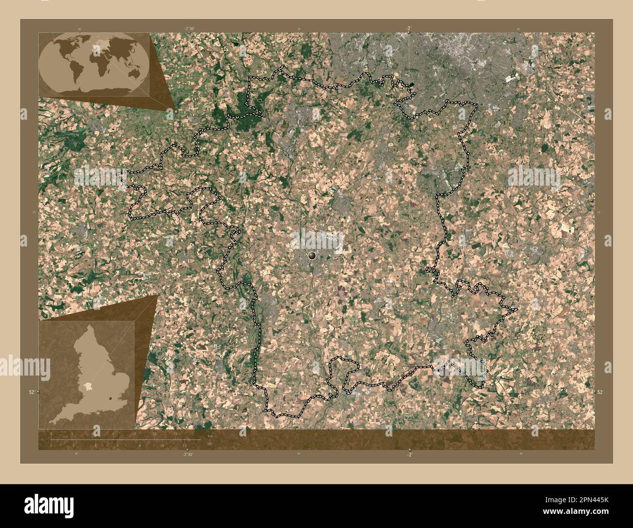 Worcestershire, Verwaltungsbezirk England - Großbritannien. Satellitenkarte mit niedriger Auflösung. Eckkarten für zusätzliche Standorte Stockfoto