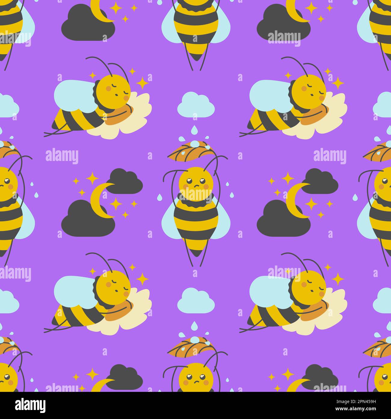 Süße kleine Bienen, nahtloses Muster. Lila Hintergrund mit schlafenden Bienen. Stock Vektor