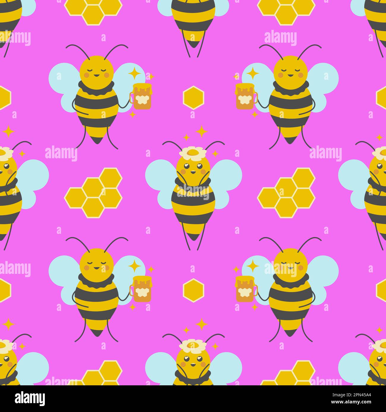 Süße kleine Bienen, nahtloses Muster. Rosa Hintergrund mit glücklichen Bienen. Stock Vektor