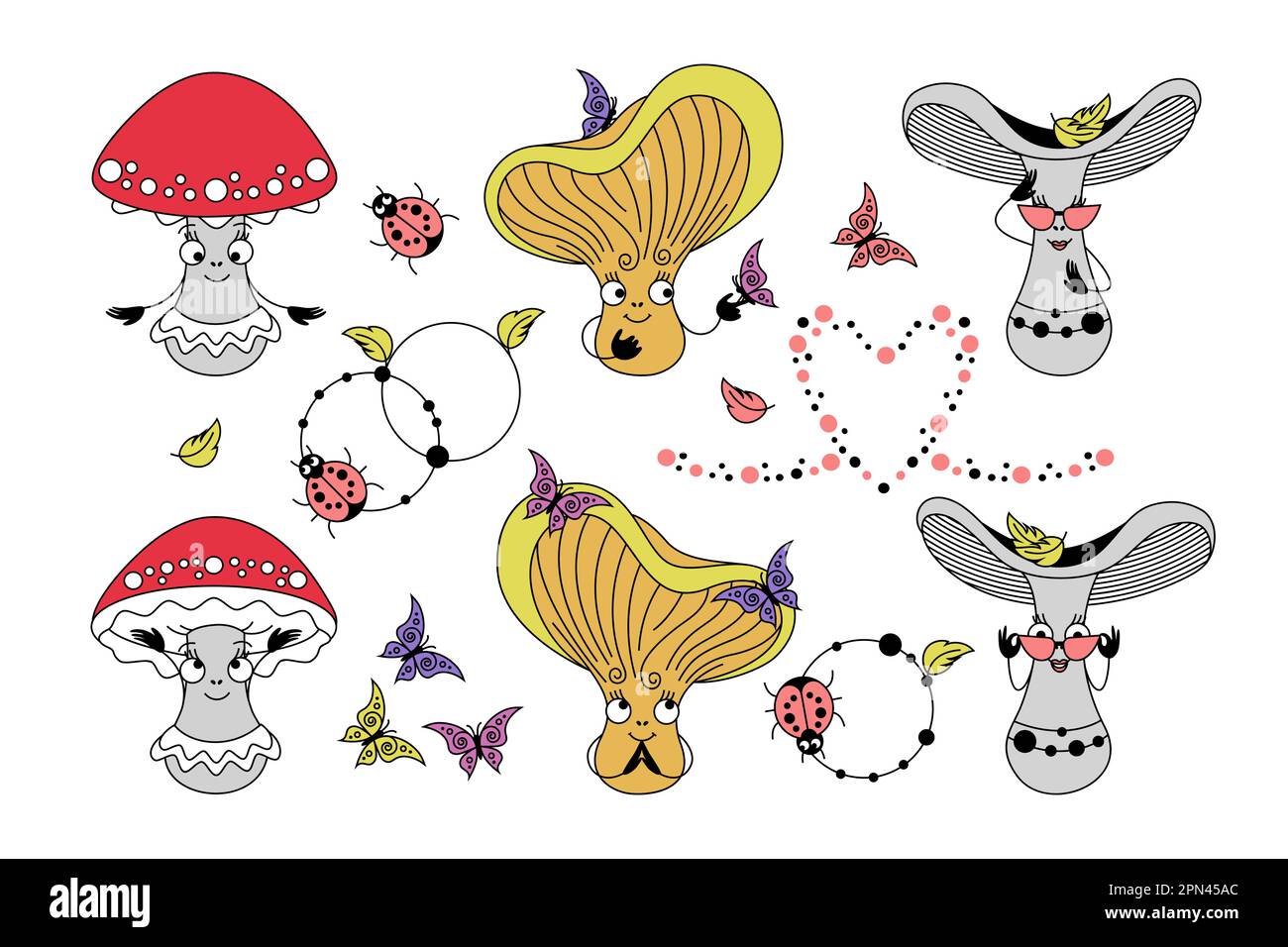 Ein Set Cartoon-Pilze. Flache Clip Art Kollektion im Retro-Stil. Stock Vektor