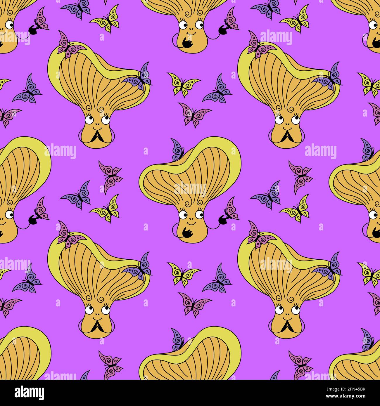 Süßes Pfifferling-Pilz-Muster. Violetter Hintergrund mit fröhlichem Pilz und Schmetterlingen im flachen Retro-Stil. Stock Vektor