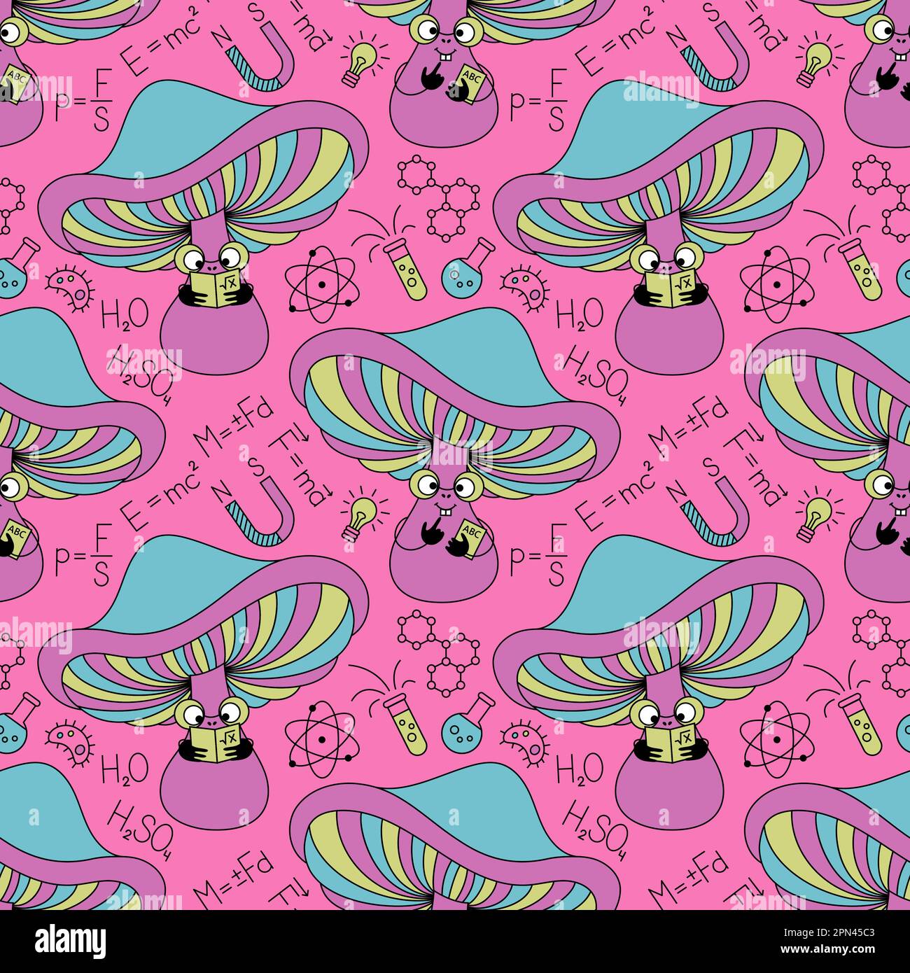 Pilzschüler-Nahtloses Muster. Pinkfarbener Hintergrund mit Pilzen und Formeln im flachen Retro-Stil. Stock Vektor