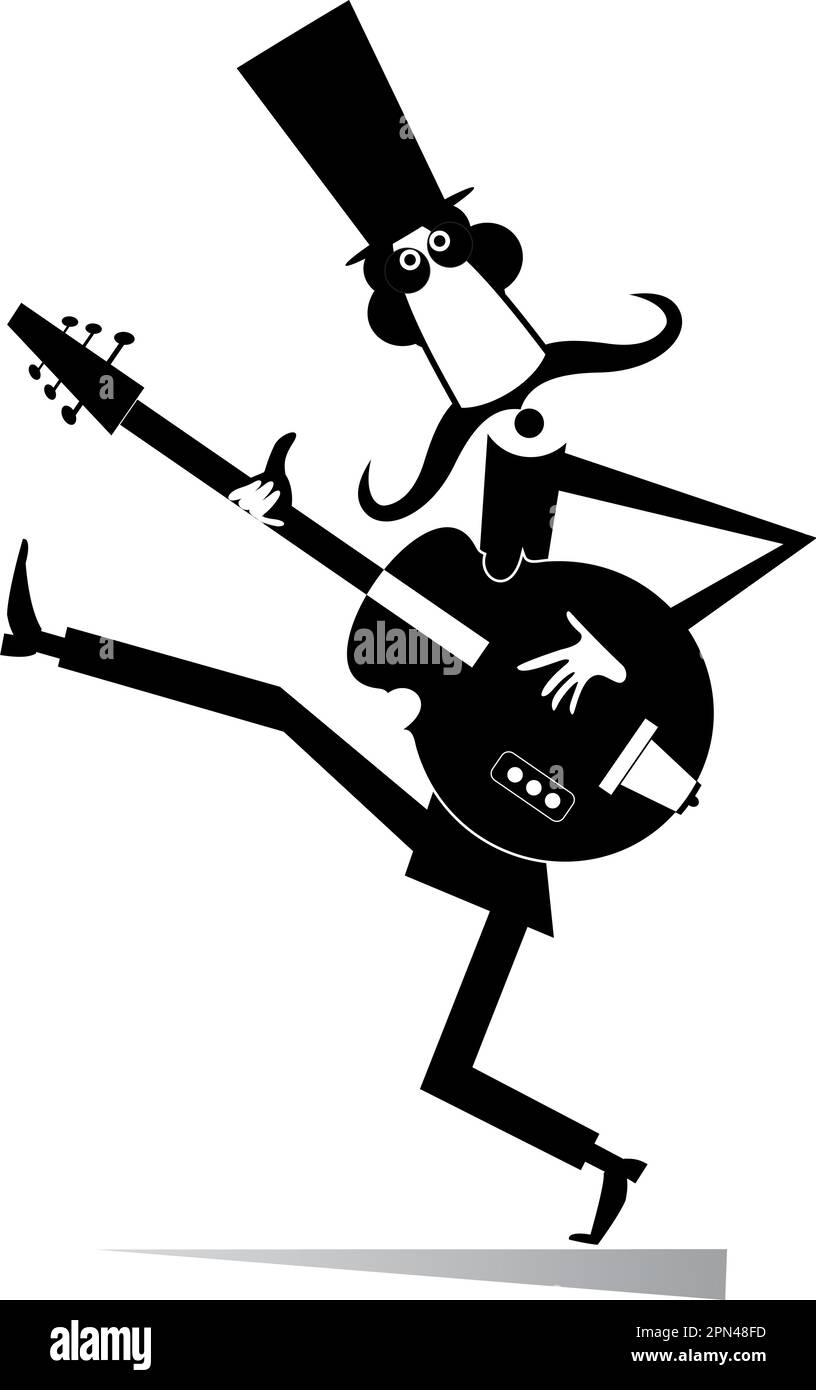 Cartoon langen Schnurrbart Gitarrist spielt Musik Abbildung: isoliert. Schnurrbart Mann in der Top hat Gitarre spielen Silhouette, schwarz auf weiß Stock Vektor