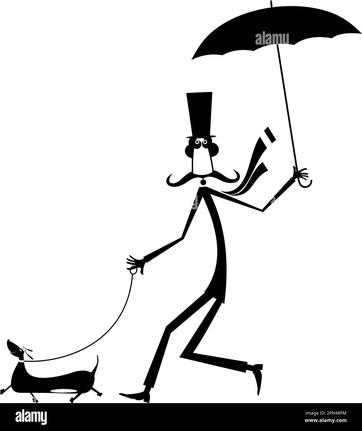 Ein Mann mit Schnurrbart im Hut läuft mit einem Hund und einem Regenschirm, schwarz auf weiß Stock Vektor