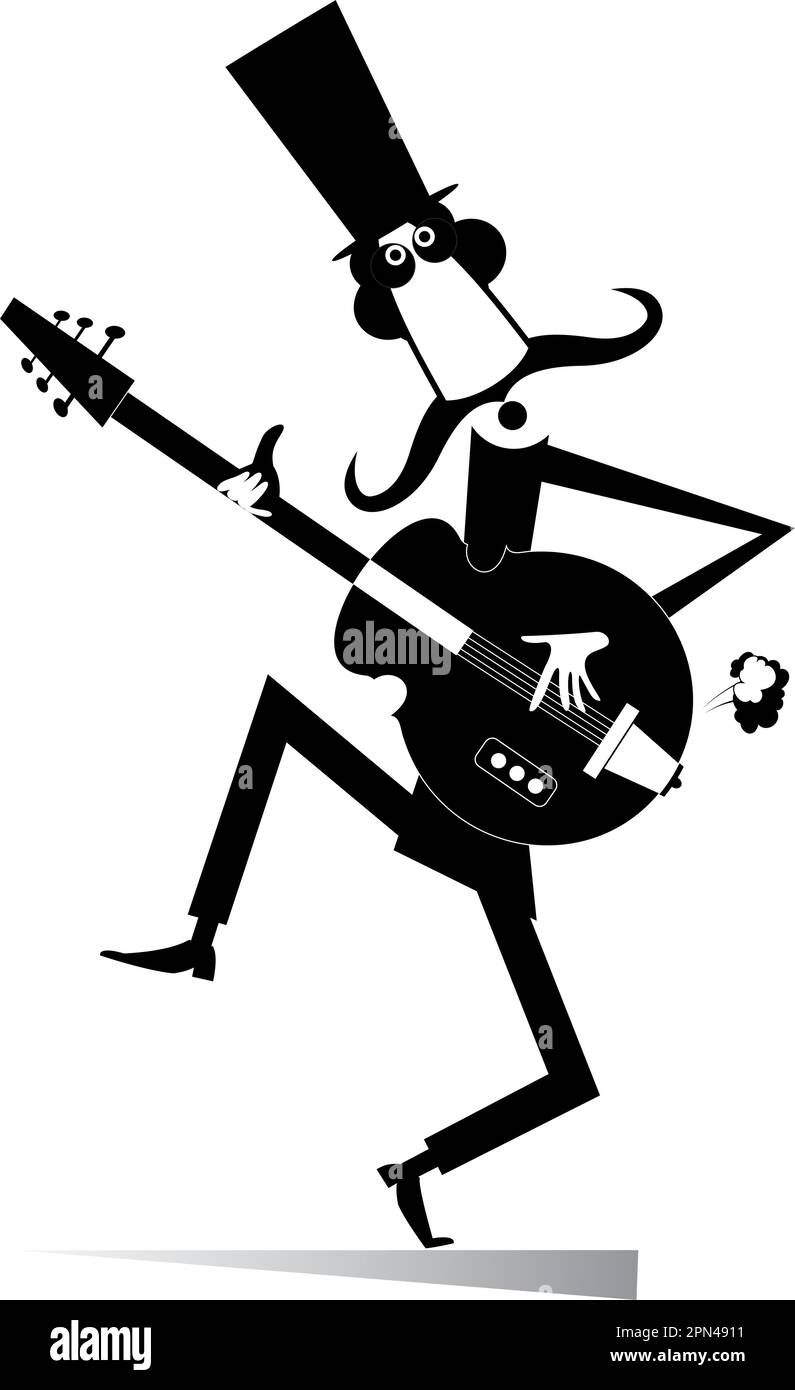 Cartoon langen Schnurrbart Gitarrist spielt Musik Abbildung: isoliert. Schnurrbart Mann in der Top hat Gitarre spielen Silhouette, schwarz auf weiß Stock Vektor
