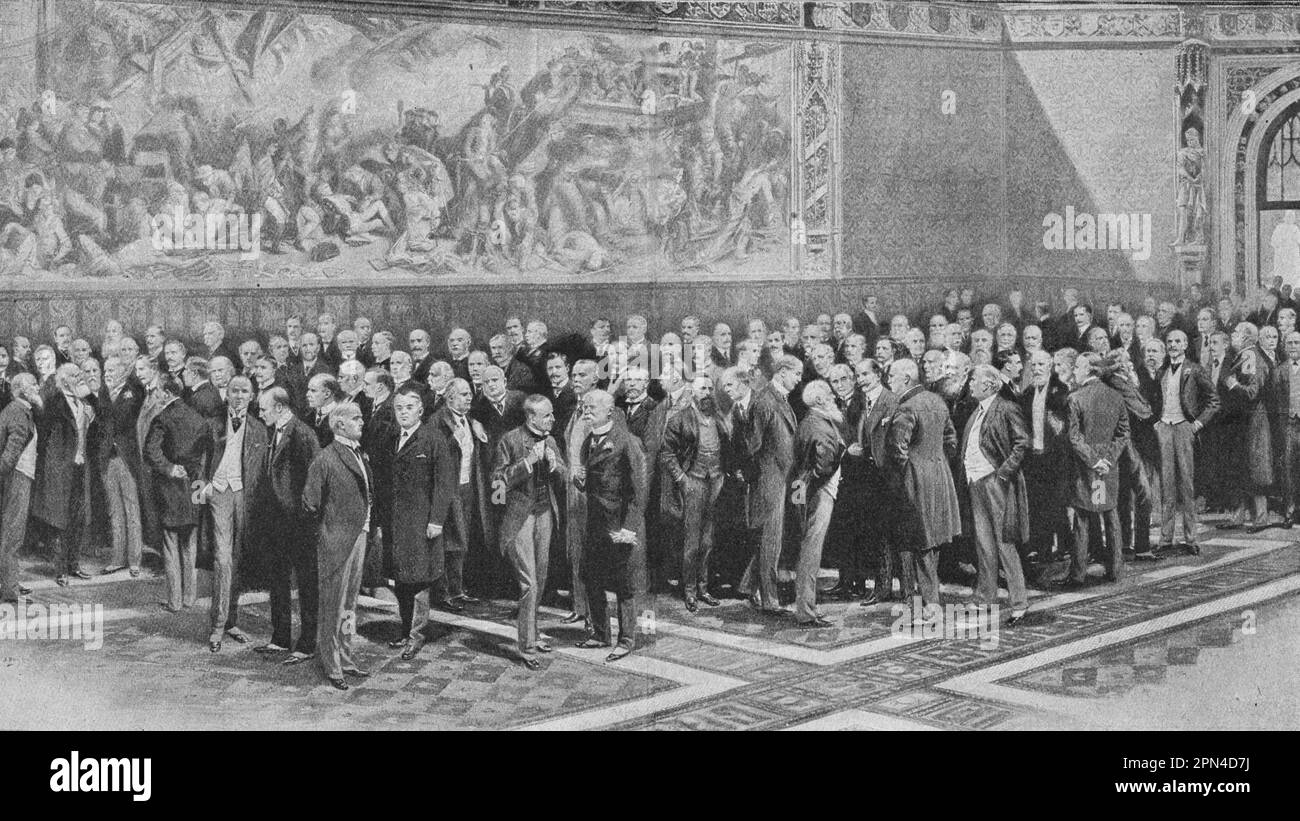 Eine Gruppe englischer Herrscher, Mitglieder des Oberhauses, die den Haushalt ablehnte und 1910 die Auflösung des Parlaments und Neuwahlen verursachte. Abbildung von 1910. Stockfoto