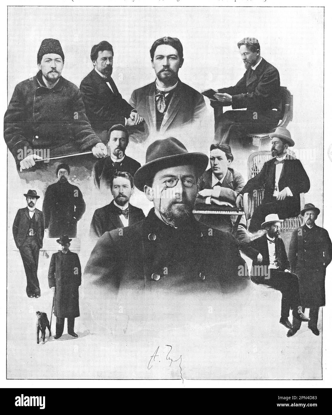 Anton Tschechow in verschiedenen Jahren seines Lebens. Fotocollage von 1910. Stockfoto