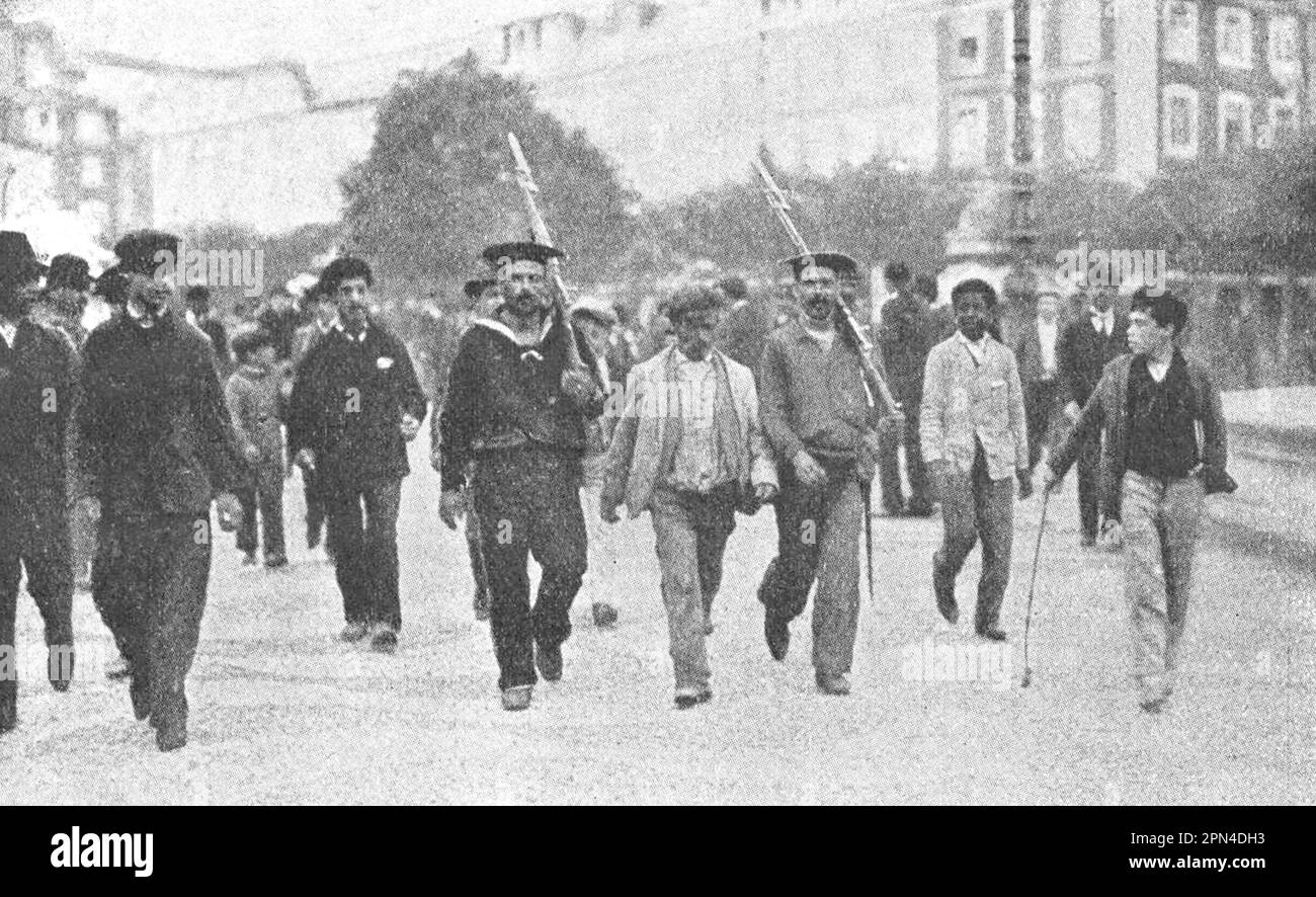 Die Verhaftung eines Monarchisten während der Revolution in Portugal. Foto von 1910. Stockfoto