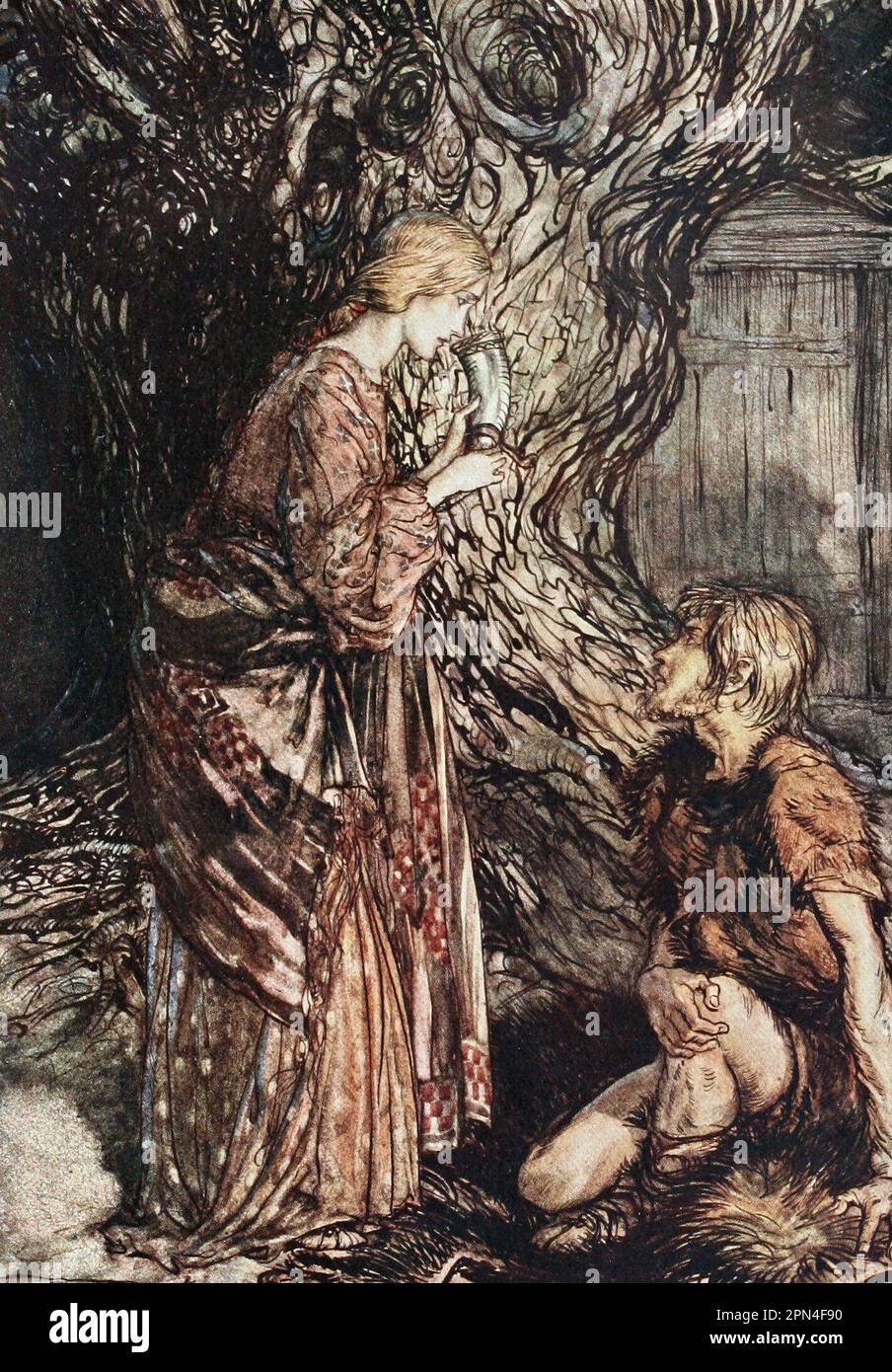 Siegmund und Sieglinde aus Rhinegold (Ring of the Nibelung) – Sieglinde bietet ein Getränk an und Siegmund bittet sie, es sich zuerst auf die Lippen zu legen Stockfoto