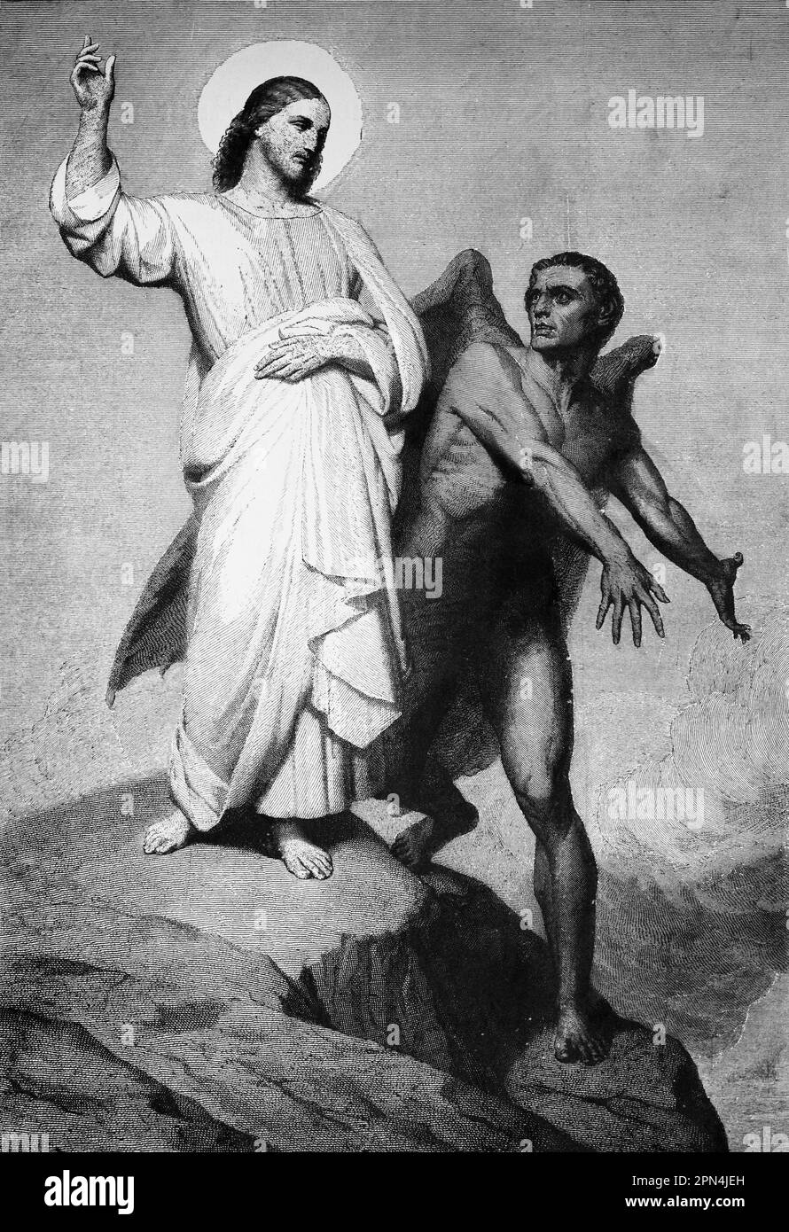Jesus in Versuchung, bibel, Neues Testament, Matthew, Kapitel 4, Verses 1-11 , historische Illustration 1890 Stockfoto